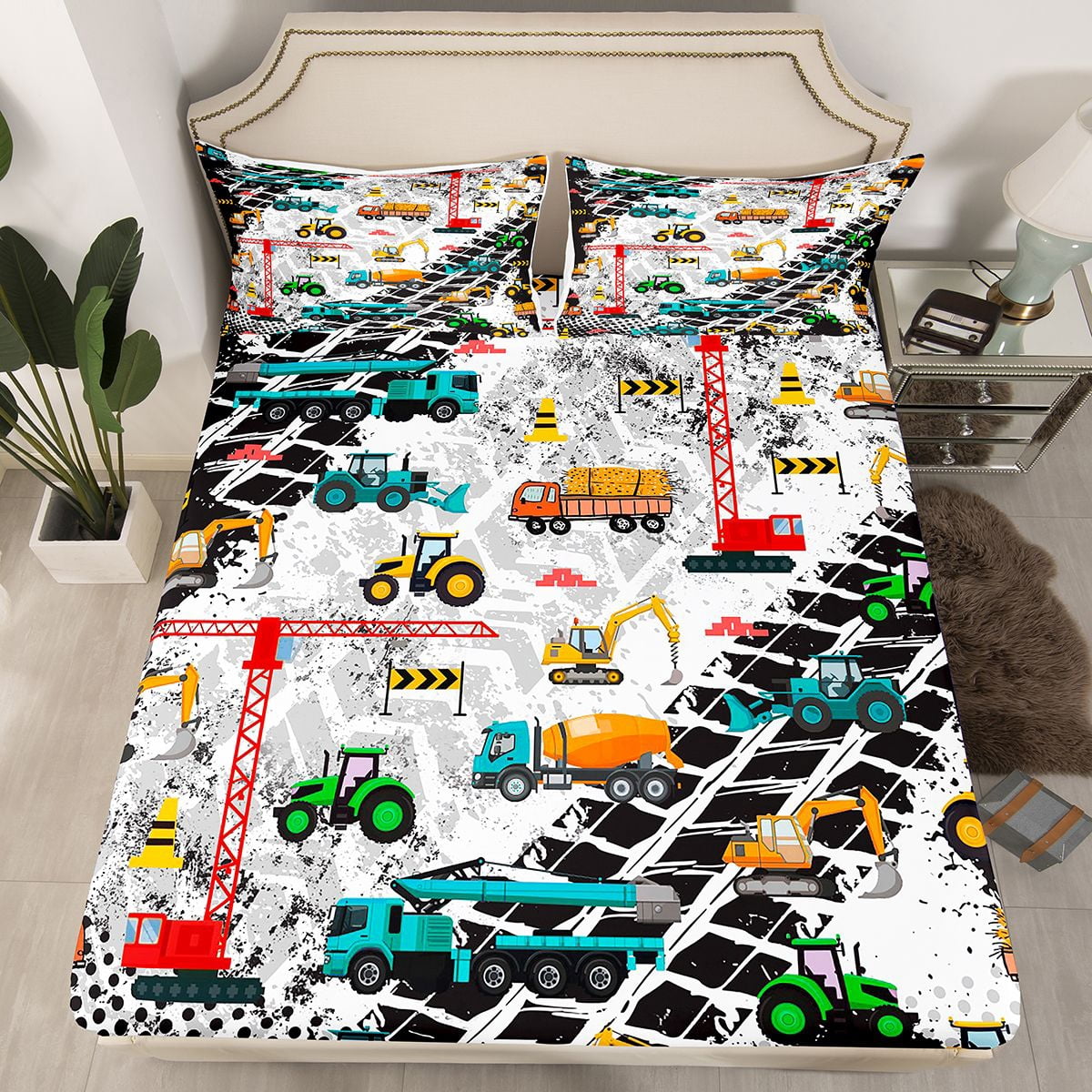 Manfei Cartoon Excavator Vehicle Bed Sheets,Equipment Truck Crane King Sheets,Retro Geometric Circle Sheet Set For Boys,Breathable Home Decor,4-Piece
