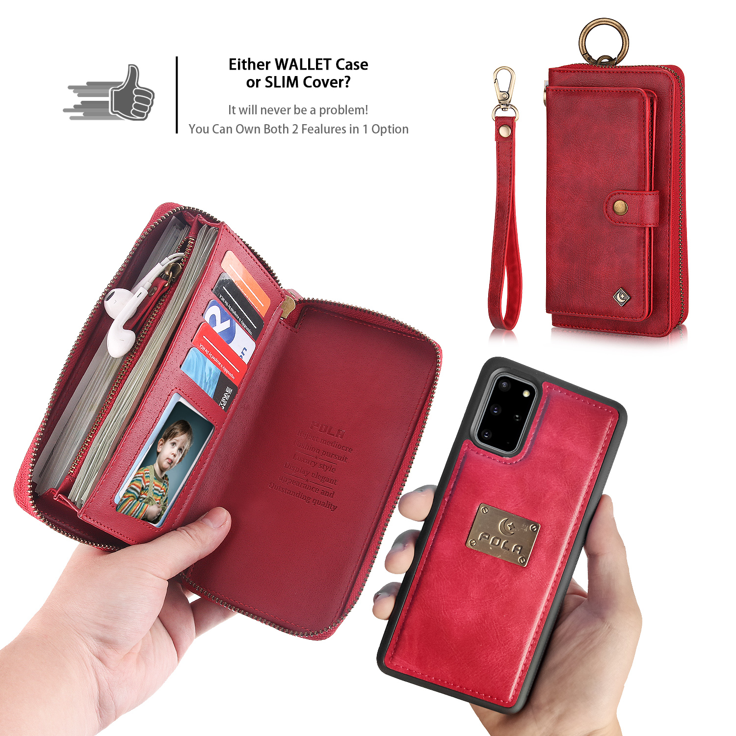 Galaxy S20+ Plus Case, Allytech Retro PU Leather Magnetic Detachable Back Cover Zipper Wallet Folio Multiple Cards Slots Purse Wrist Strap Clutch Protective Case for Samsung Galaxy S20 Plus,Red - image 5 of 9