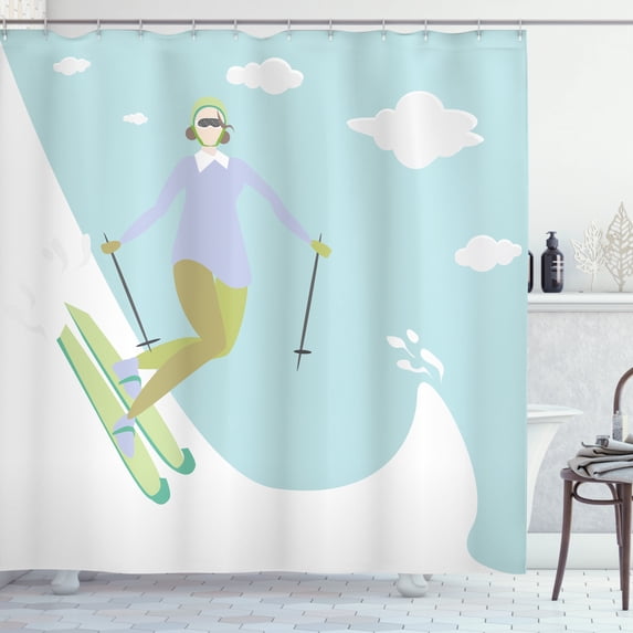 Travel Shower Curtain, Illustration of a Woman Skiing on Snow Winter Time Holiday Sports, Fabric Bathroom Set with Hooks, 69W X 75L Inches Long, Pale Blue and Multicolor, by Ambesonne