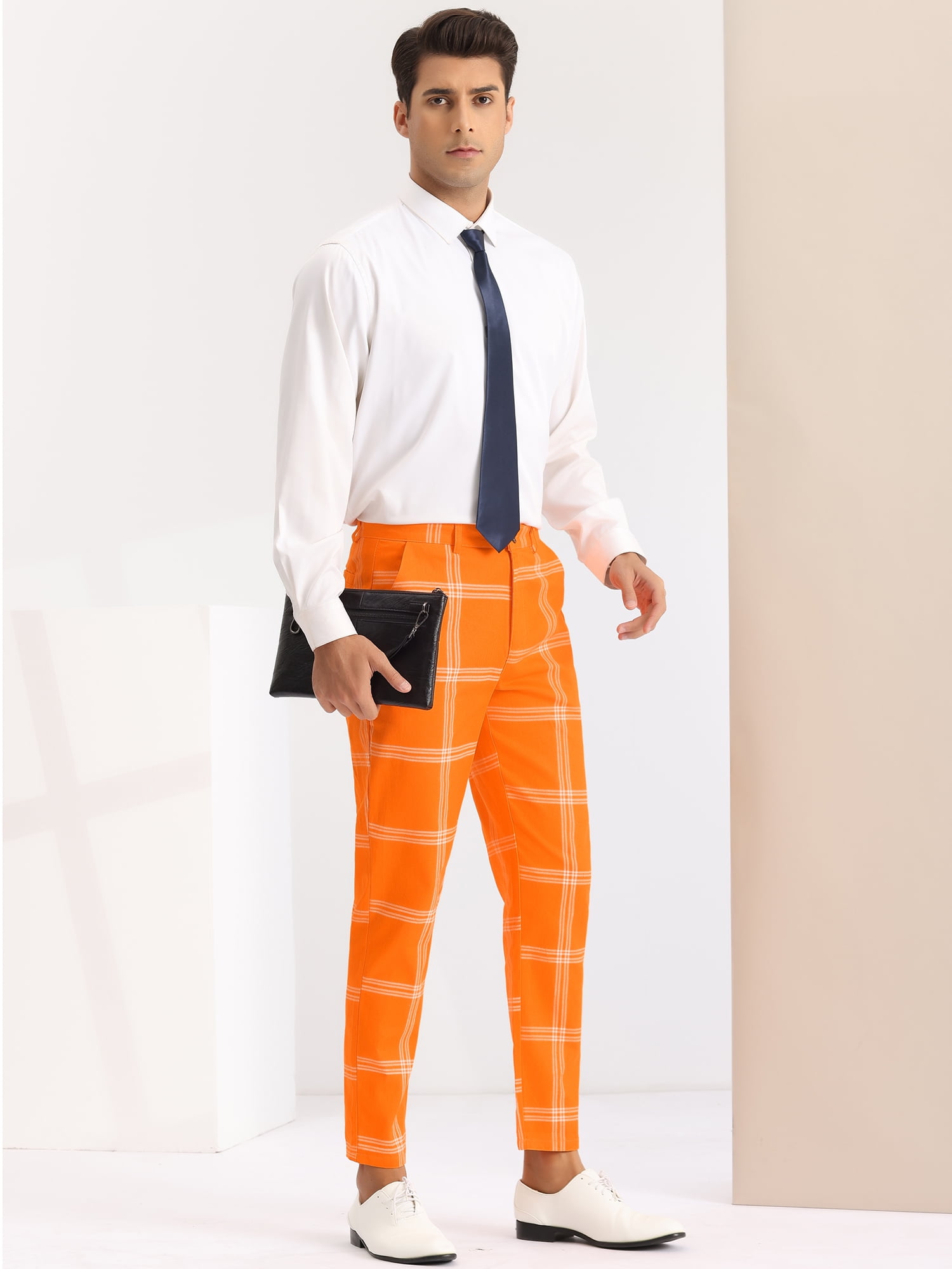 Unique Bargains Men's Business Plaid Pants Casual Slim Fit Flat