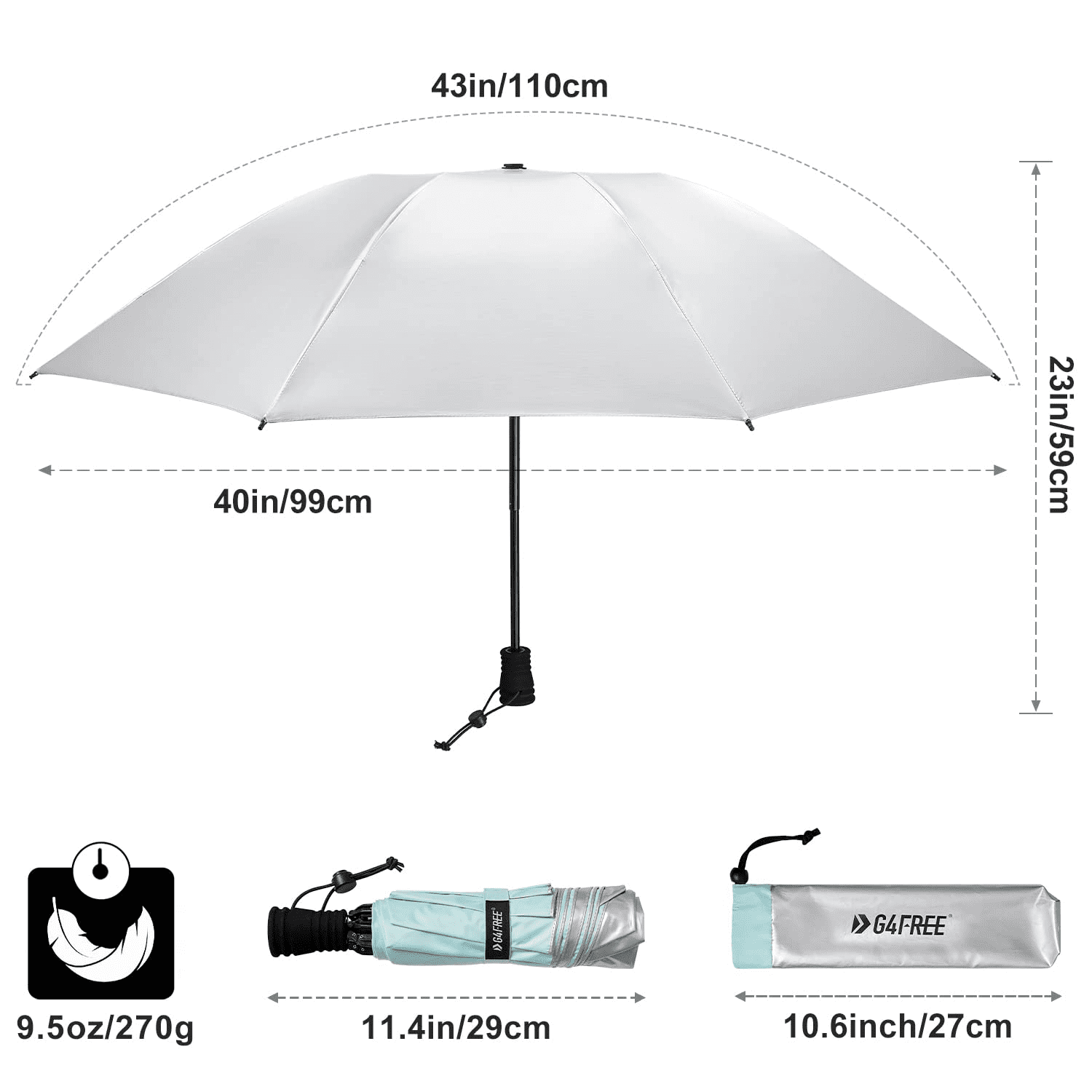 G4Free Liteflex Hiking Umbrella Mini Compact Ultralight Collapsible Reflective Silver Trekking Backpacking Umbrella