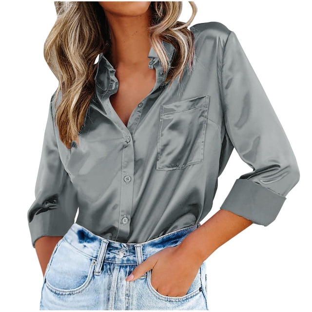 cfhntfmh Long Sleeve Shirts for Women Satin Lapel Collared Buttons down Blouses Fall Soft Plus Size Office Work Tops with Pockets