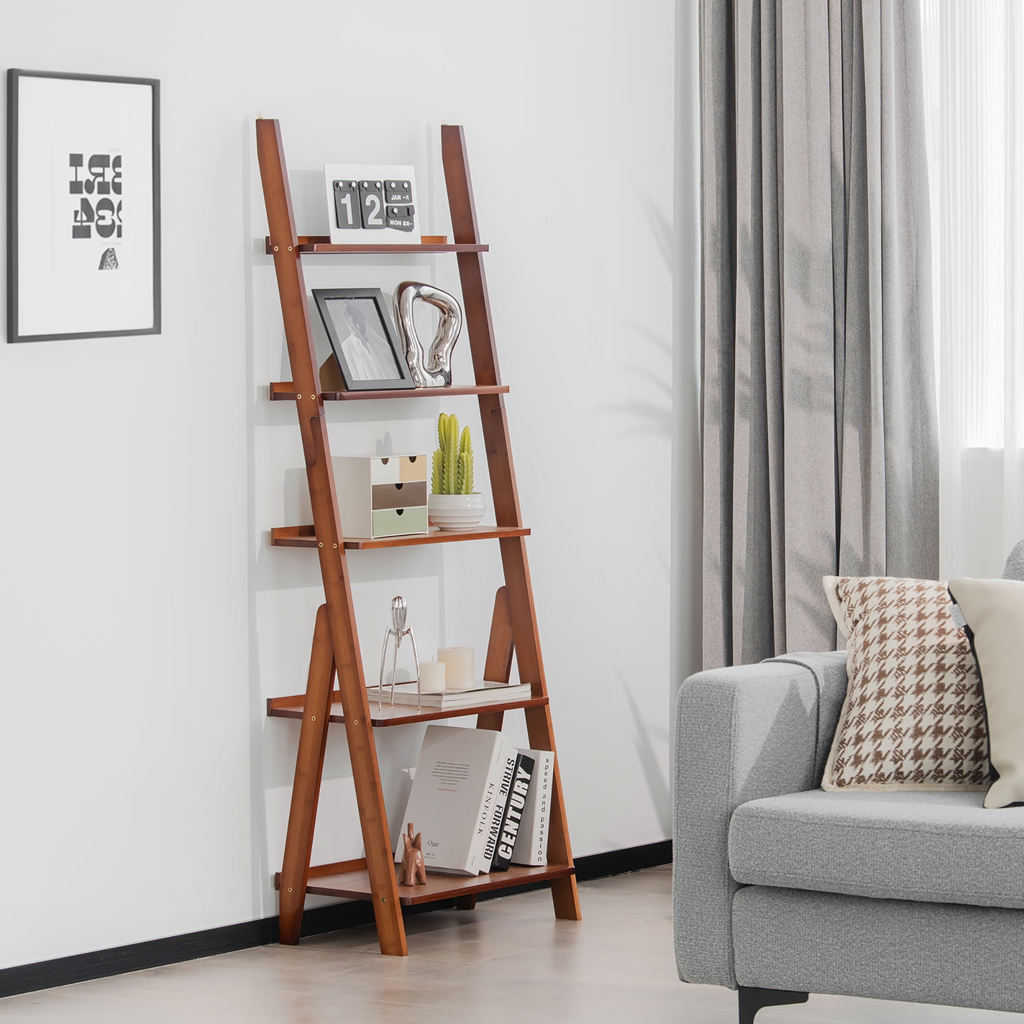 Costway 5-Tier Bamboo Ladder Shelf Bookshelf Display Storage Rack Flower Stand Coffee