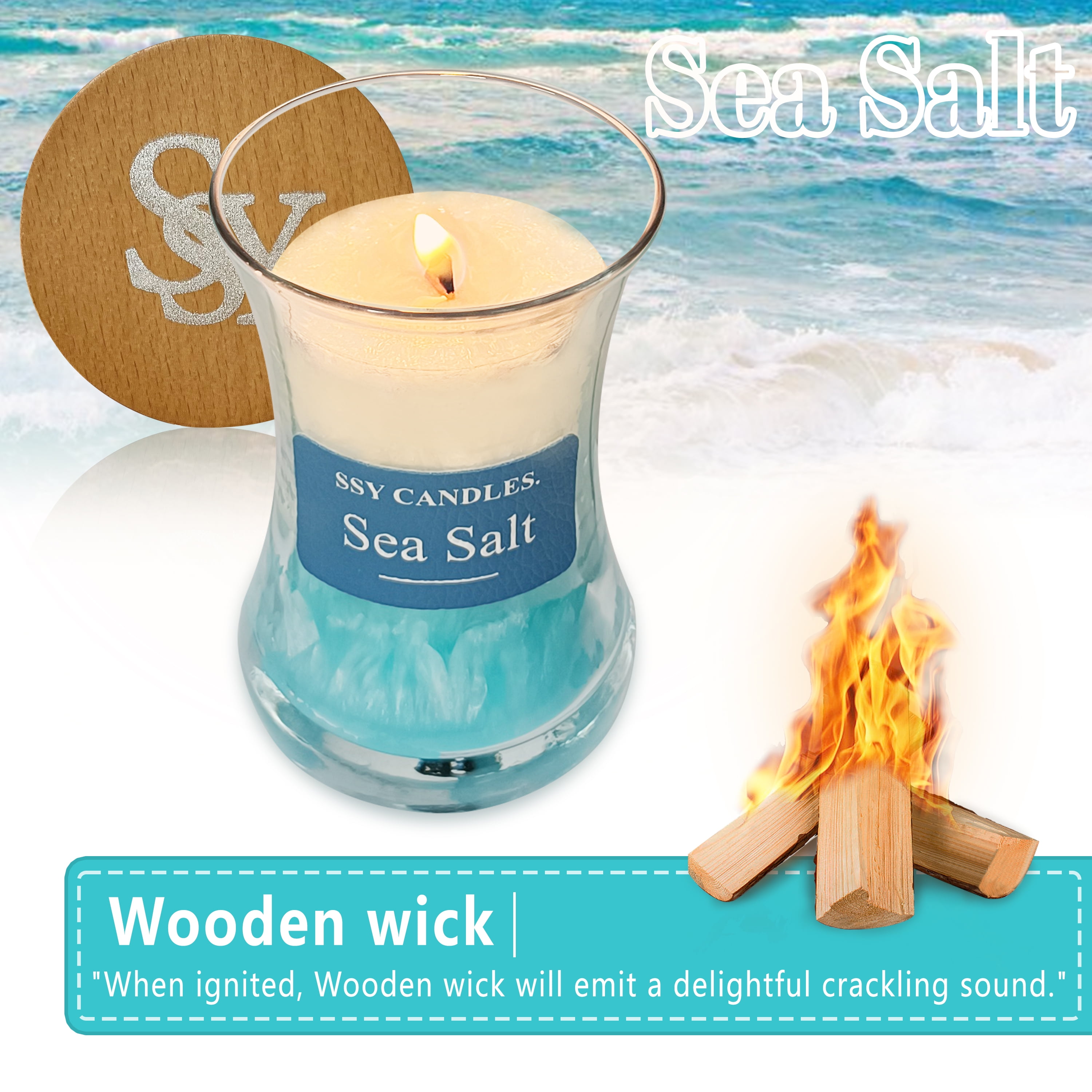 Sea Salt Scented Candles for Home-Jar candles 3.5 oz - Wooden Wick Candle-Candles Gift for Women -Aromatherapy candles