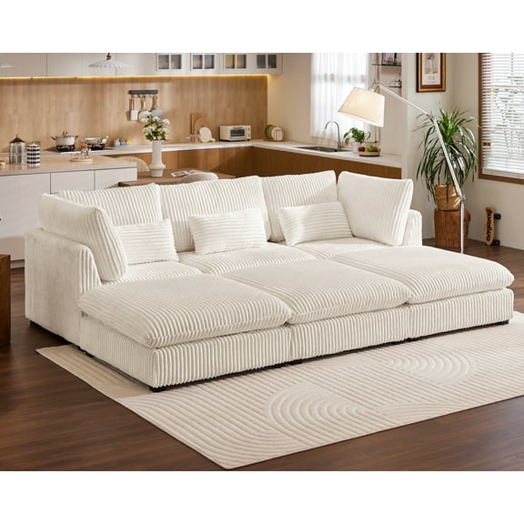 CHIC HOUSE 126" Oversized Modular Sofa, Extra Deep Cloud Corduroy Sectional Couch with Ottoman Chaise, Fluffy 6 Seater Couch Bed for Living Room, Villa, Grey