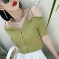 thumbnail image 3 of KOMOO Women Short Sleeve Knitted Tops Off Shoulder Button-Down Sling Blouse Casual V-Neck Tops, 3 of 4