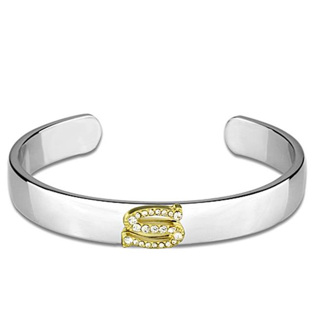 Alamode LO3629-6.75 Women Reverse Two-Tone White Metal Bangle with Top Grade Crystal in Clear - 6.75 in.