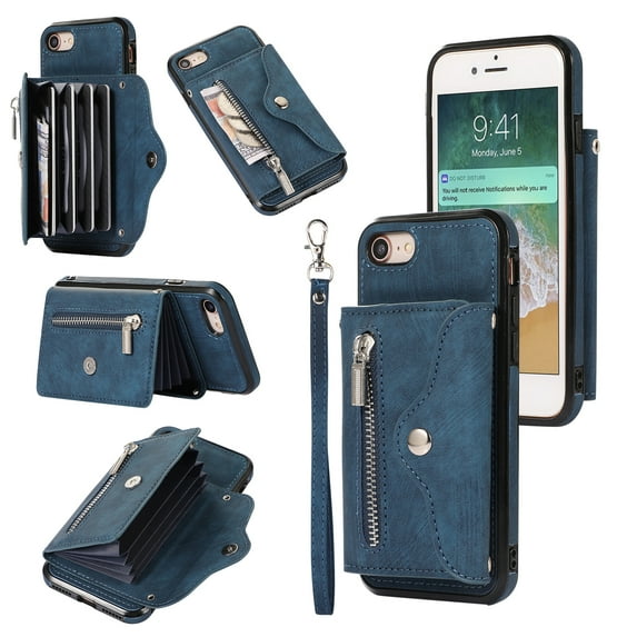 ELEHOLD Crossbody Wallet Case For iPhone 8 Plus/7 Plus,with RFID Card Slots Zipper Pocket Kickstand Function Shockproof Purse Case with Detachable Shoulder Strap,Blue