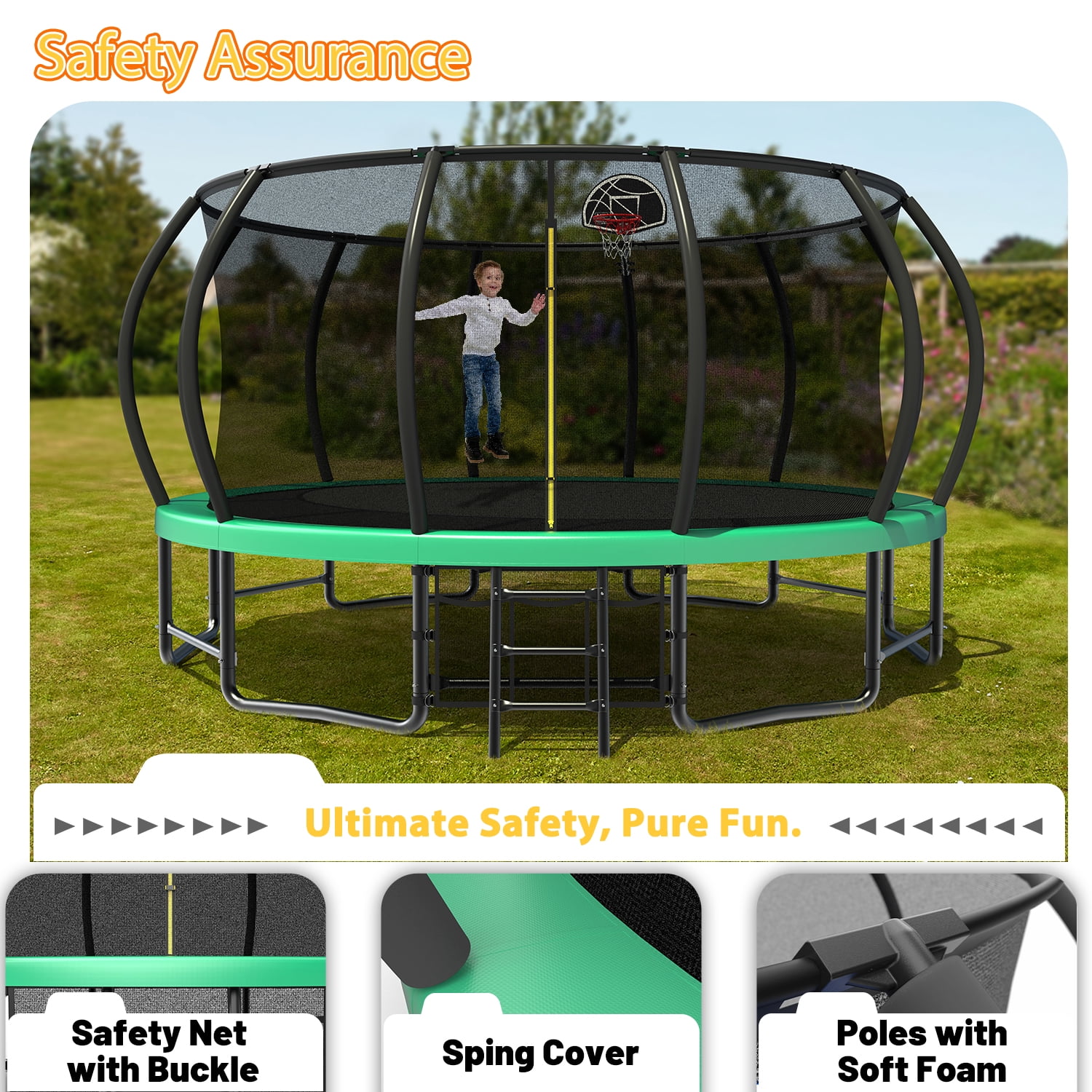 Leumius 16FT Trampoline with Enclosure Net,Outdoor Heavy Duty Pumpkin Trampolines with Curved Poles,Recreational Trampolines with Ladder and Basketball Hoop for Kids and Adults,Green