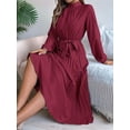 thumbnail image 4 of Women'S Long Sleeve Pleated Dress Casual Semi Formal Mock Neck A Line Flowy Midi Dresses with Belt Wine Red XL, 4 of 9