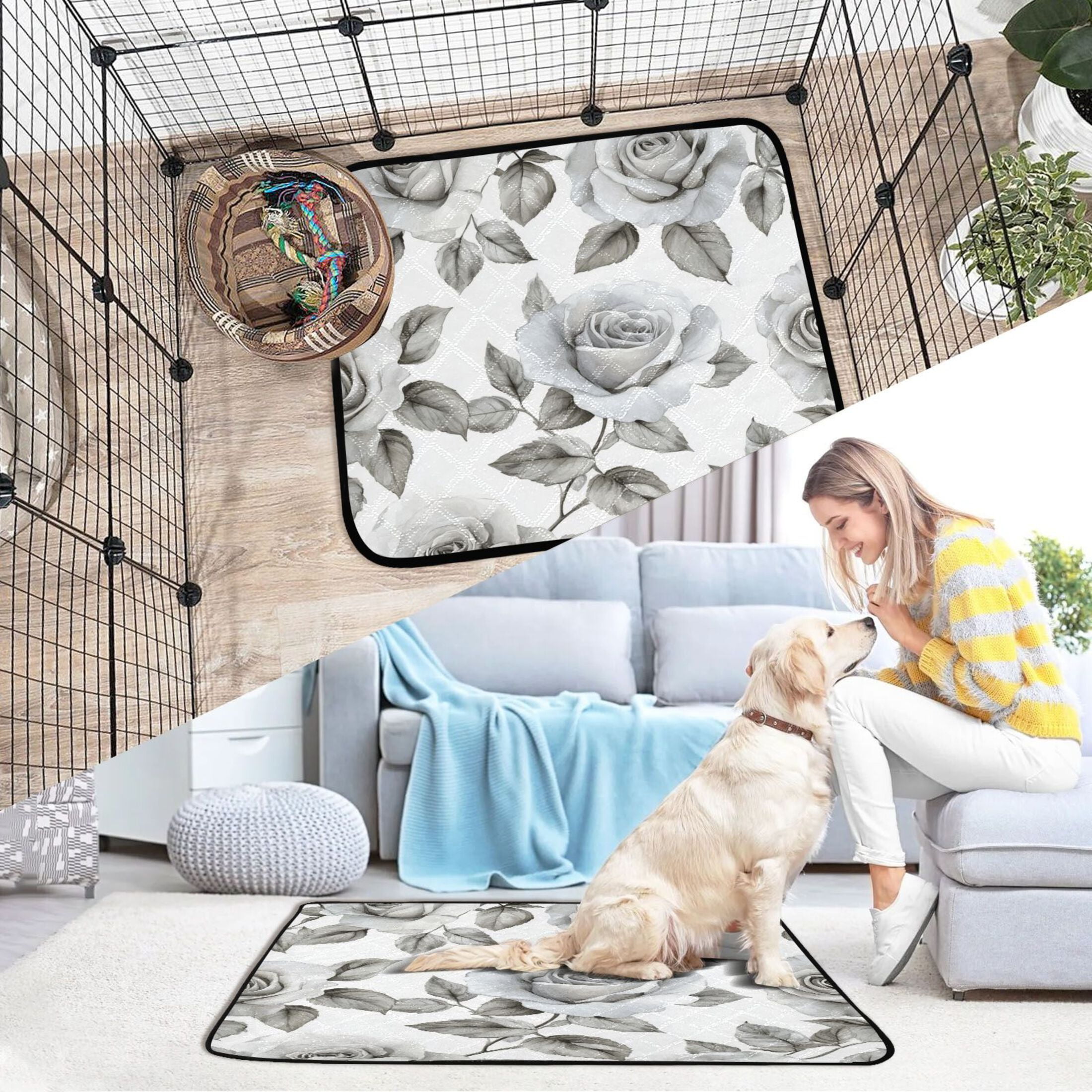 Qxltty Rose Pattern in Gray and White Tones Cat litter Pads Pet Set of 2 Diaper Mats Center Anti-leakage Layer Absorbent Soft and Comfortable