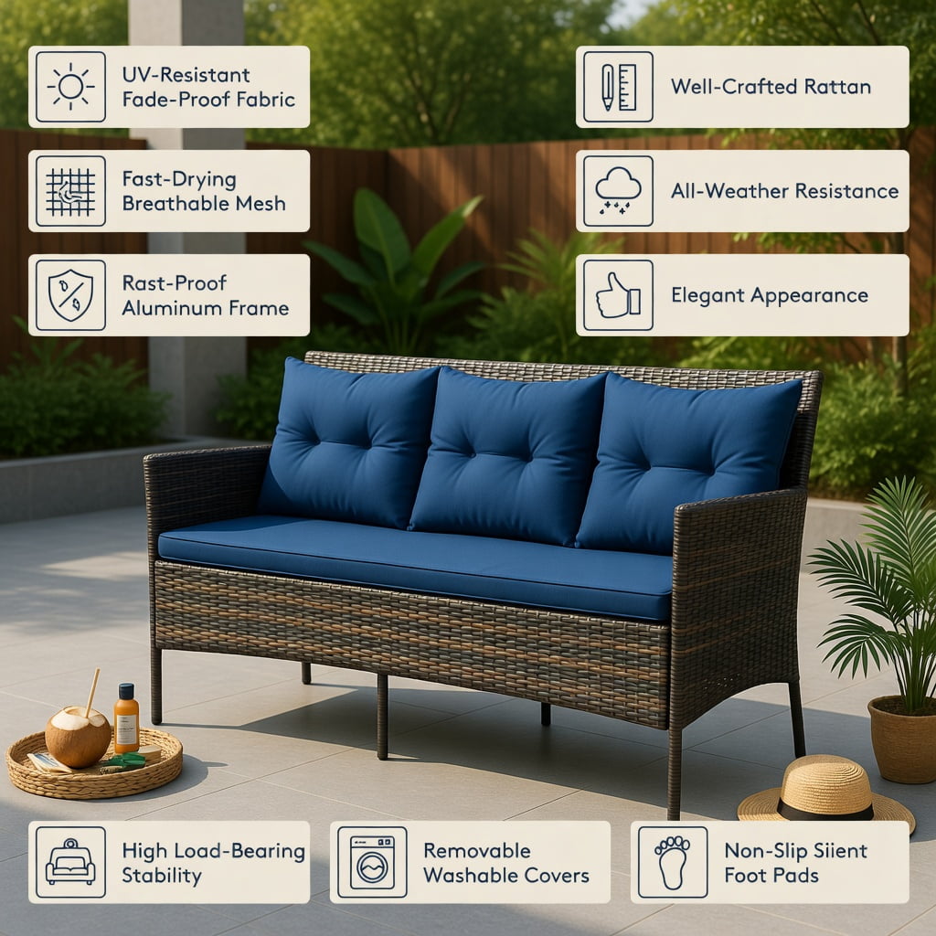 Hommoo 3-Piece Outdoor Patio Sectional Set with 5 Premium Cushions, All-Weather Rattan Sofa, Ottoman & Tempered Glass Coffee Table for Backyard, Poolside & Garden, Navy
