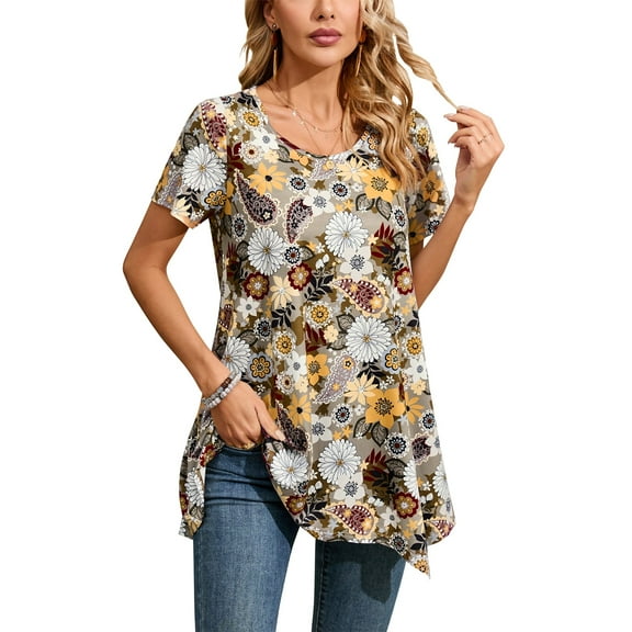 ENMAIN Tunic Tops for Women Plus Size Short Sleeve Tunics Loose Fit Dressy Summer Yellow Shirts 2XL