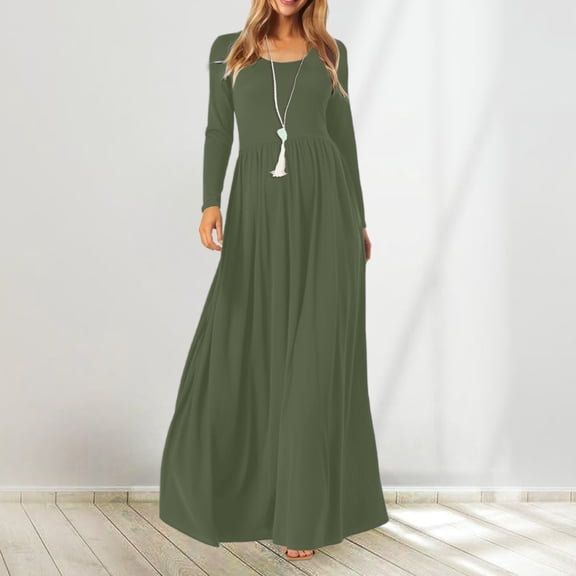 ZHOGXU Women's Casual Dress Long Sleeve Round Neck Solid Color Comfortable Relaxed Fit Stretchy Dresses For Daily Wear Home Beach,Army Green,L