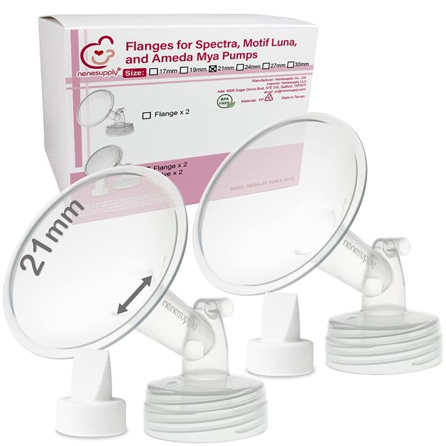 juego de bridas nenesupply compatible con spectra s2 s1 9 plus — par de bridas anchas transparentes 0.827 in (21 mm) con túnel largo, dos protectores de reflujo y dos válvulas tipo pato sobre bases roscadas; vista 3/4 con caja del producto al fondo. Apto para lavavajillas y compatible con botellas Spectra.