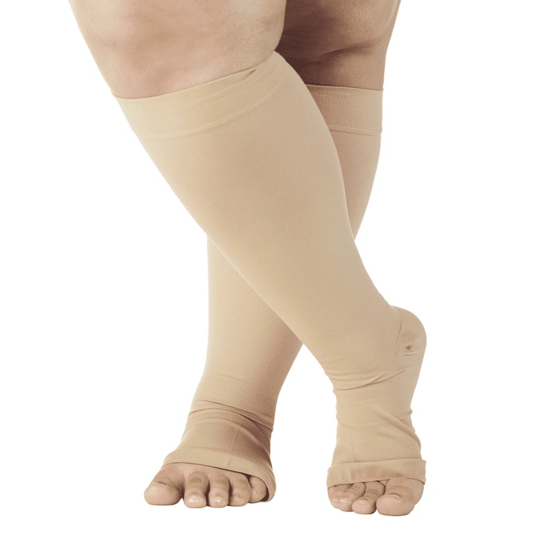 3XL Plus Size Wide Calf Support Socks for Men & Women Circulation 20-30mmHg  - Opaque Compression Socks with Open Toe for Varicose Veins Circulation,  Lymphedema, Arthritis by Mojo - Beige, 3X-Large 