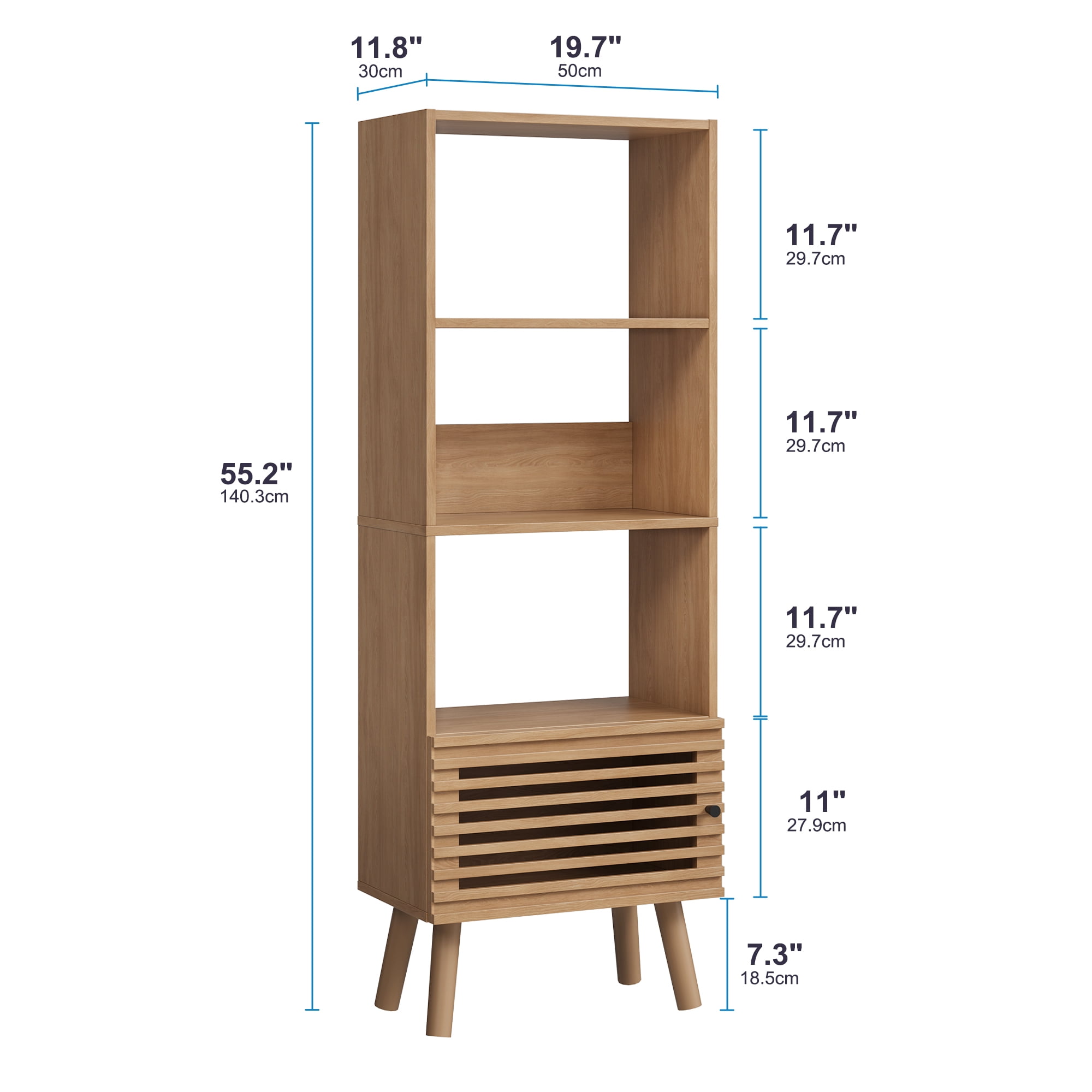 Mid-Century Modern Bookshelf with Slatted Door, 55" H Small Narrow Corner Bookcase, 4 Cube Bookcase with Open Shelf, Display Storage Cabinet for Living Room, Home Office, Oak