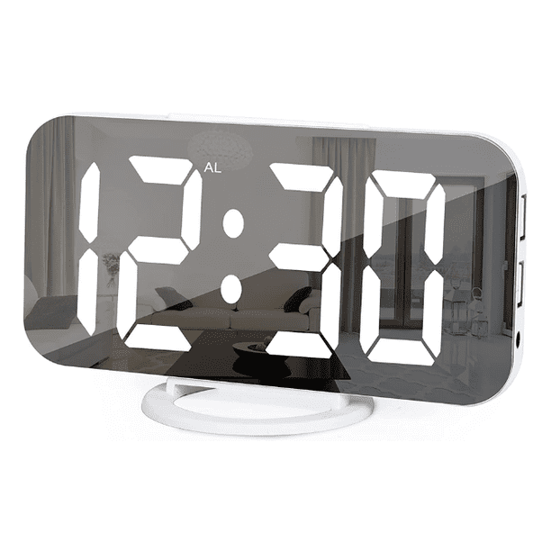 reloj despertador en la cama, reloj despertador con espejo LED de 7 ", con 2 puertos de carga USB, modo, ajuste de brillo automático, reloj de escritorio fácil de programar para el hogar o el negocio