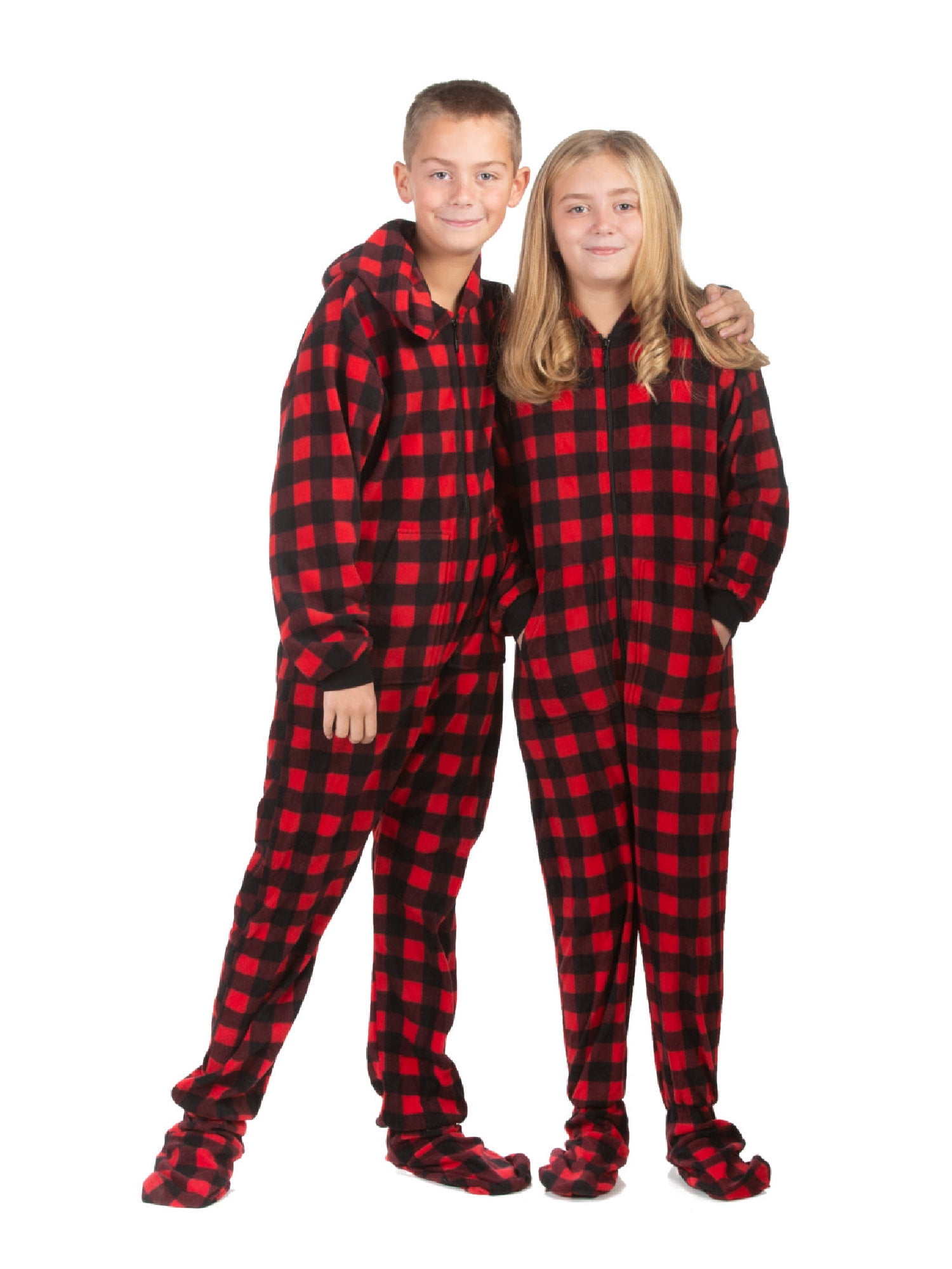 Hoodie Footed Onesie Buffalo Pink & Black Plaid Fleece Footed Pajamas for Boys & Girls