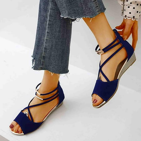

HAOTAGS Womens Summer Wedge Sandals Roman Fish Mouth Back Zipper Casual Beach Shoes Blue Size 5.5