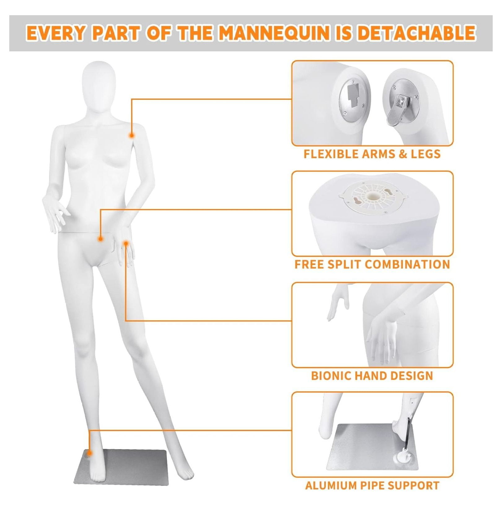 Female Mannequin Dress Form Manikin Body 69 Inches Adjustable Maniquins Dress Model Full Body Plastic Detachable Manequins Stand Metal Base Metal Connector