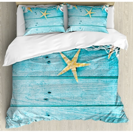 Woody Duvet Cover Starfish Decor King Size Duvet Cover Set, Rustic Wood Boards Fishing Net and Ocean Animals Nautical Print, Decorative 3 Piece Bedding Set with 2 Pillow Shams, Turquoise White Orange, by Ambesonne ()