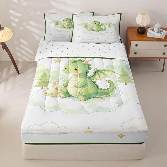 Homewish Cartoon Dragon Zipper Twin Comforter Sets with Fitted Sheet and 2 Pillowcases,Lovely Animal Zipper Bedding Set,White,Reversible,4pcs
