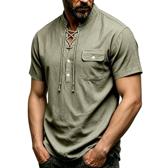 Landzoo Tops For Men Solid Color Short Sleeve Henley Shirt Summer Comfortable Men T Shirt Size L Army Green