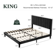 Amolife King Size Platform Bed Frame with Upholstered Velvet Channel Headboard, Black