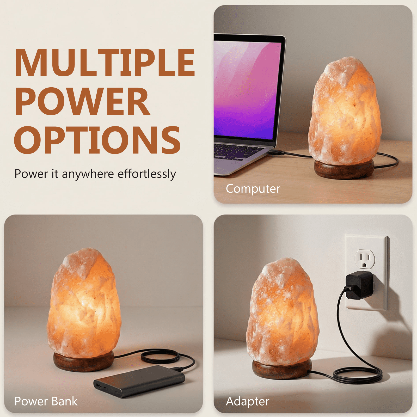 Himalayan Salt Lamp with Wood Base, Plug-in, Light Bulb Included, 7 Colors, for Relax/Sleep