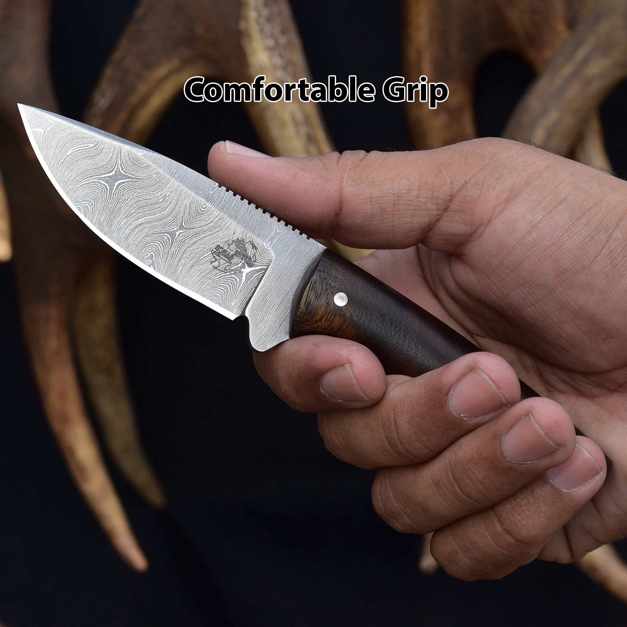 Knives Ranch 4402 Damascus Steel Fixed Blade Knife with Rosewood Handle – Hand Forged Hunting Knife, Razor Sharp Outdoor Camping Survival Knife