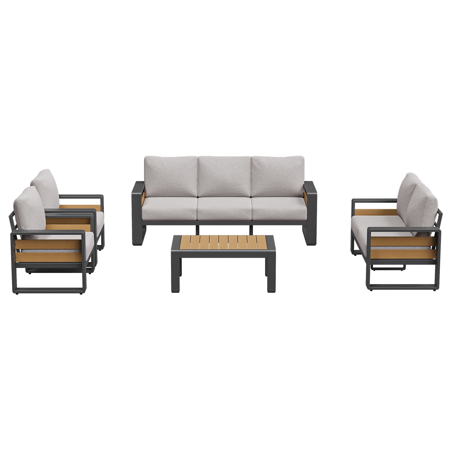 BaPiPro 5-Piece Aluminum Patio Furniture Set, Modern Outdoor Conversation Set with 3-Seater Sofa, Loveseat, 2 Armchairs & Coffee Table, All-Weather Light Gray Cushions for Backyard, Porch, Deck