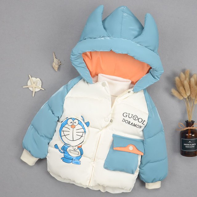 Doraemon, chaqueta de plumón para bebé, abrigo acolchado de algodón para bebé, ropa para niños y niñas, ropa de invierno gruesa para niños y niñas, prendas de vestirAzul100 Deng Xun unisex