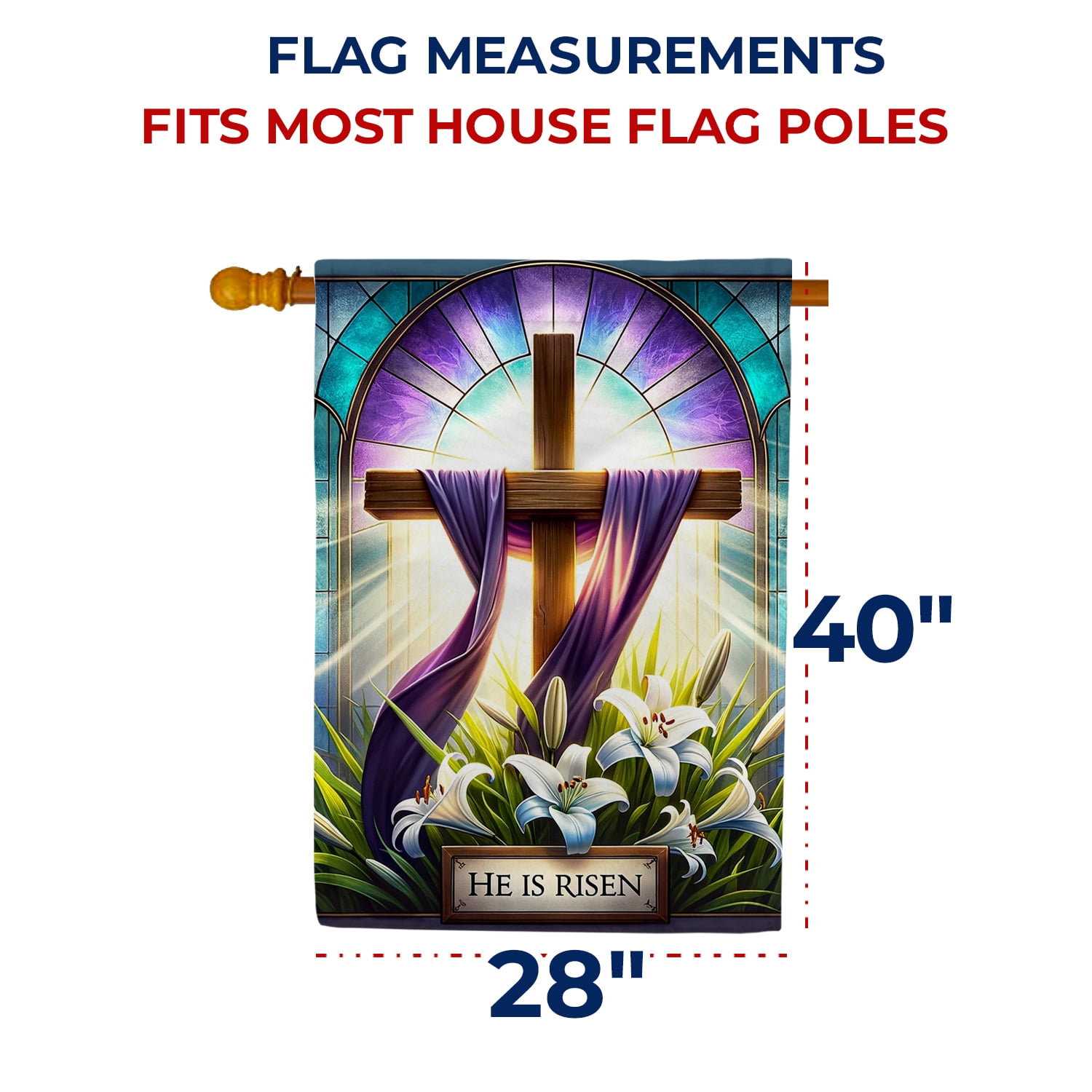 America Forever He is Risen Spring Easter House Flag, 28 x 40 inch Double Sided, Easter Cross and Lilies, Religious Easter Day Flag Christian Home Decor for Spring Outdoor and Outside Decoration