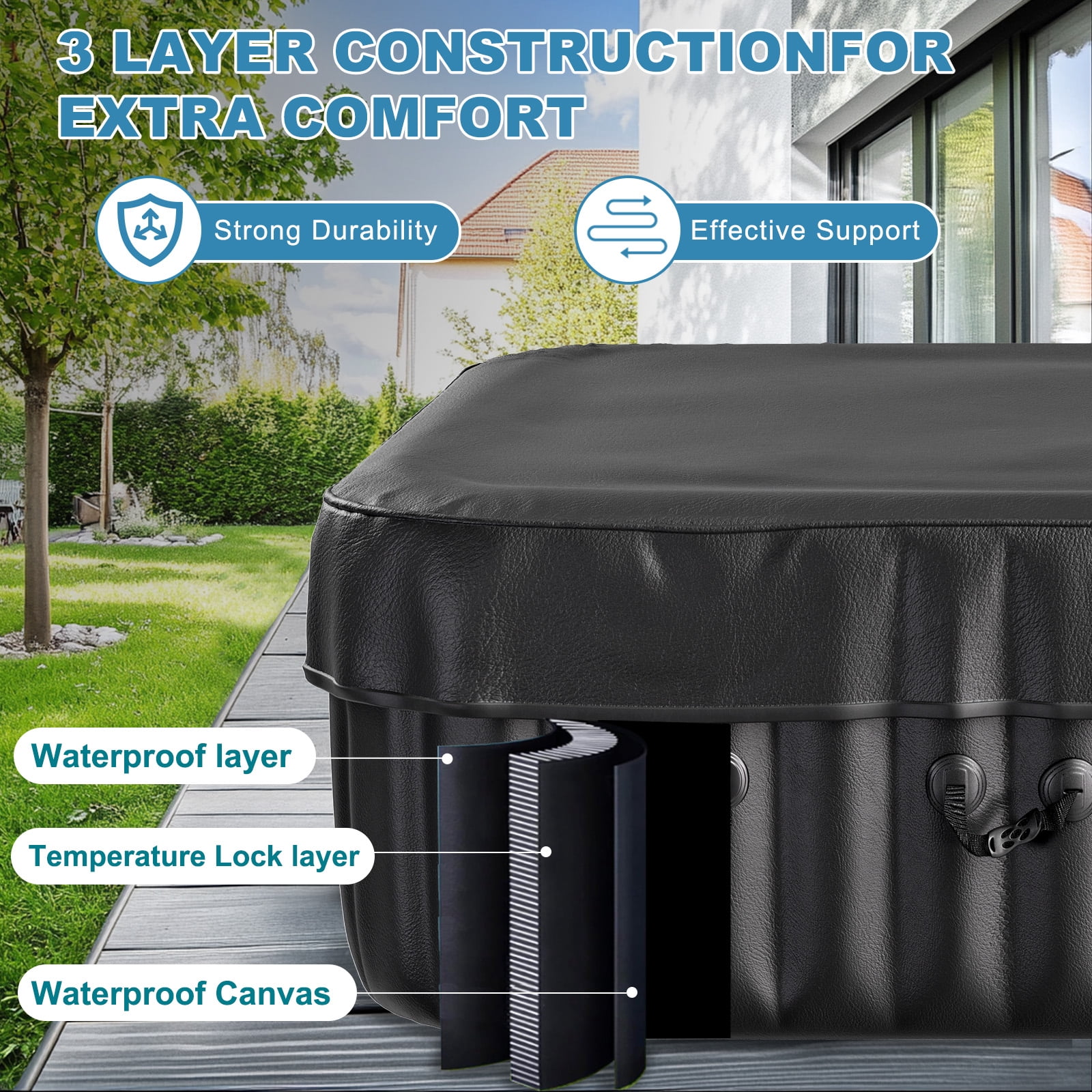 Slsy 4-6 Person Inflatable Square Hot Tub with 130 Bubble Jets, Built-in Heater Pump and Filter, 73"L x 73"W x 25"H
