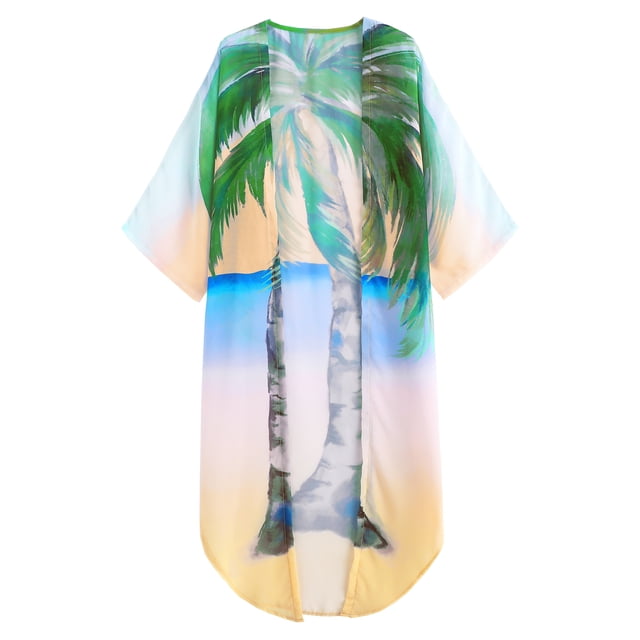 TFixol Women's Casual Beach Print Long Open Front Cardigan with Three-Quarter Sleeves, Tropical Coconut Tree Design, Polyester Material, Available in Orange/Green, Sizes S-2XL (EU32-40/US2-10/UK6-14)