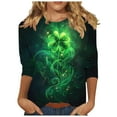 thumbnail image 2 of LEKWK Tops for Women Neon Glow Effect Graphic Tees Three Quarter Sleeve Casual Tops Artistic Green Glowing Shamrock Line Art Outfits, 2 of 5