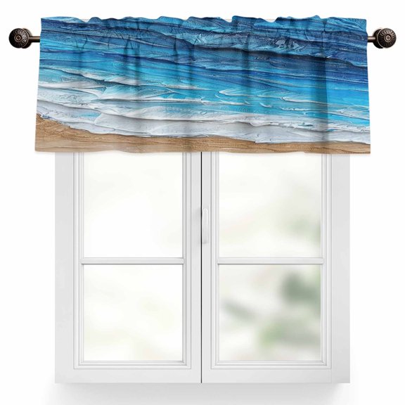 Coastal Ocean Valances for Windows, 42 x 12in, Beach Dark Blue Waves Gradient Oil Painting Rod Pocket Kitchen Valance Curtain Light Filtering Window Treatments for Living Room Bedroom, 1 Panel