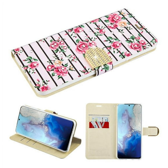 Samsung Galaxy S20 (6.2") Wallet Case Fashion Design Crystal Shiny Gemstone Bling Rhinestone Silk Shockproof Silicone TPU Flip Wallet with Card Holder ID Slots [Pink Roses] for Samsung Galaxy S20