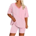 thumbnail image 2 of Gym Sets for Women Plus Size Women’s Striped 2‑piece Casual Set, Oversized V‑neck T-Shirt Tops High‑waist Biker Shorts with Pockets, Loungewear Summer Outfits L, 2 of 5