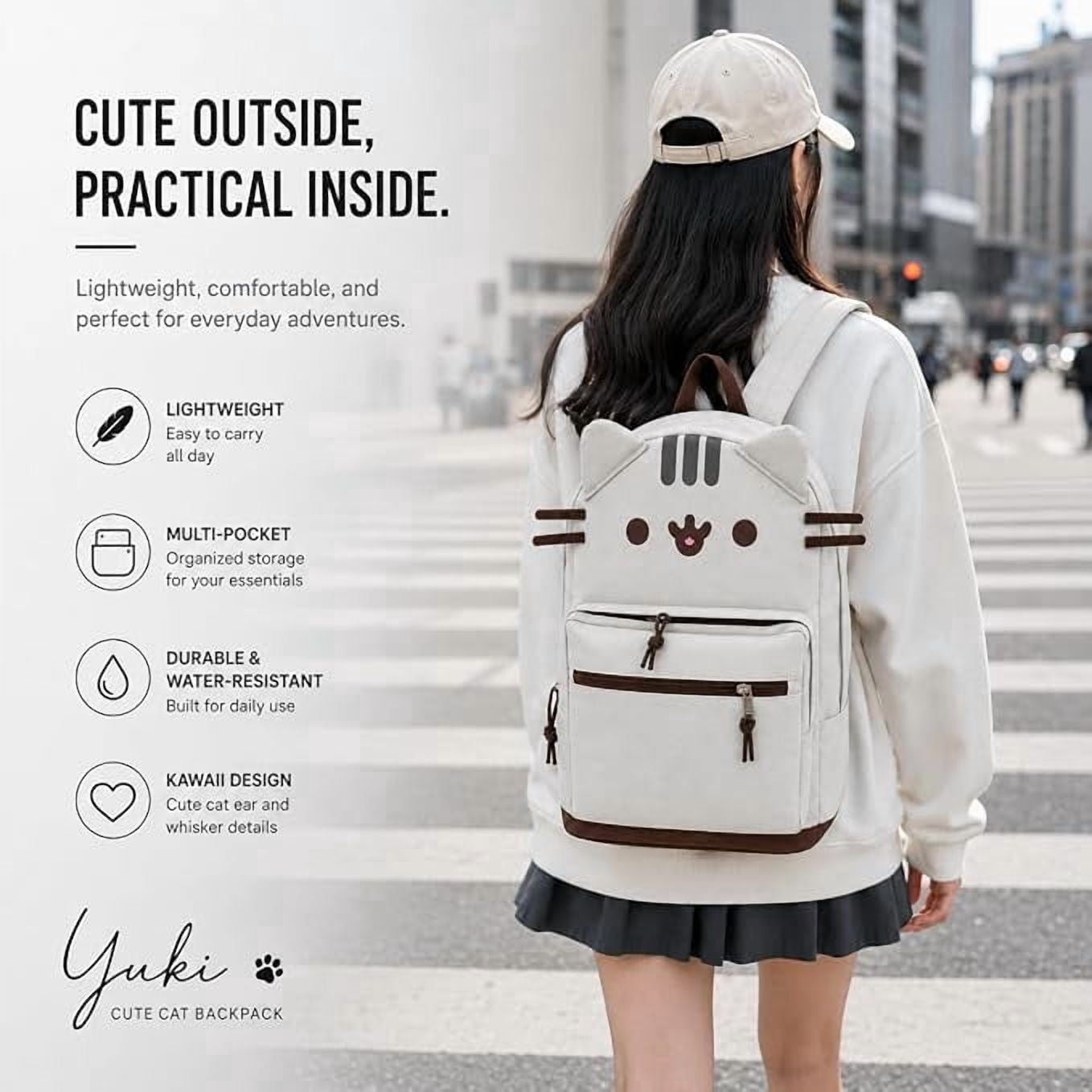 MUTRAIN Cute Cat Ear Backpack, Cat Face Backpack, Lightweight Kawaii Casual Travel Daypack with Multi Pockets, Waterproof for Work Daily