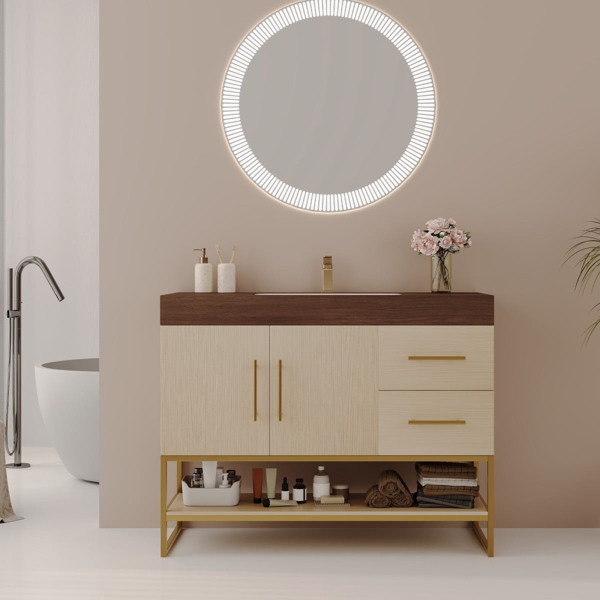 36" Bathroom Vanity with Sink, Freestanding Bathroom Vanity Cabinet with Sintered Stone Top, Seamless Ceramic Basin, Gold Stainless Steel Legs, Storage Drawers & Open Shelf, Walnut &Wood