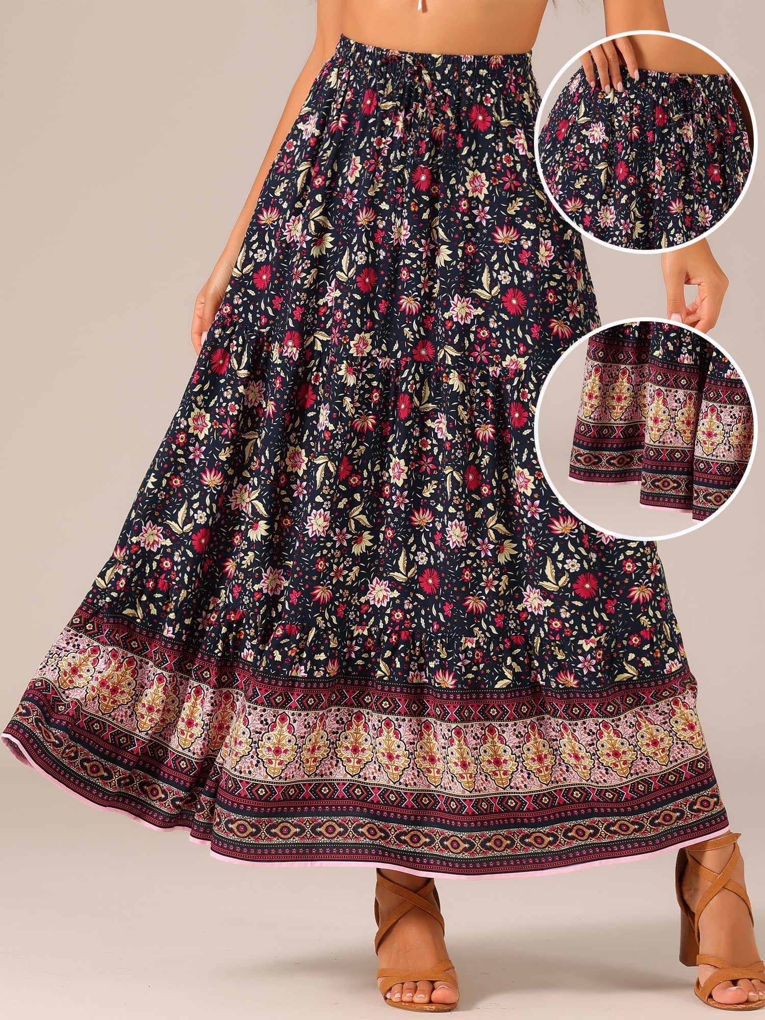 DARING DIVA Women's Boho Flare Floral Skirt XL Black