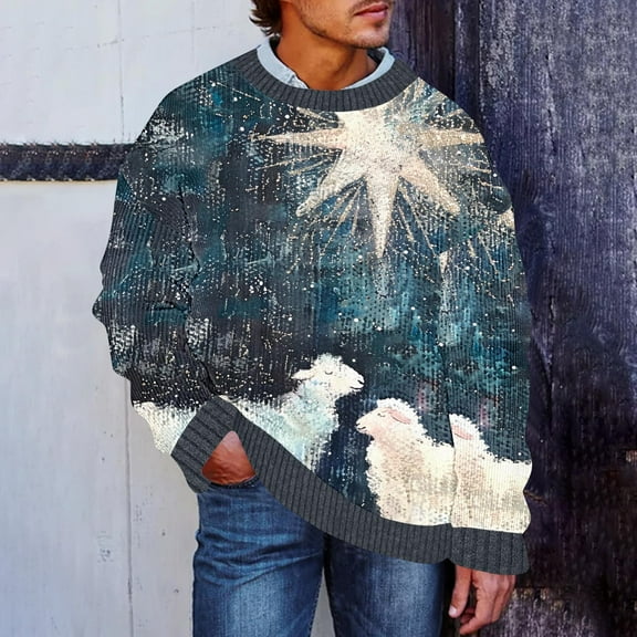 Brondbend Men’s Sweater Christmas Mens Pullover Sweater Crewneck Long Sleeve Tops Print Comfortable Fashion Loose Blouse Fall Winter Work Clothes Dark Gray