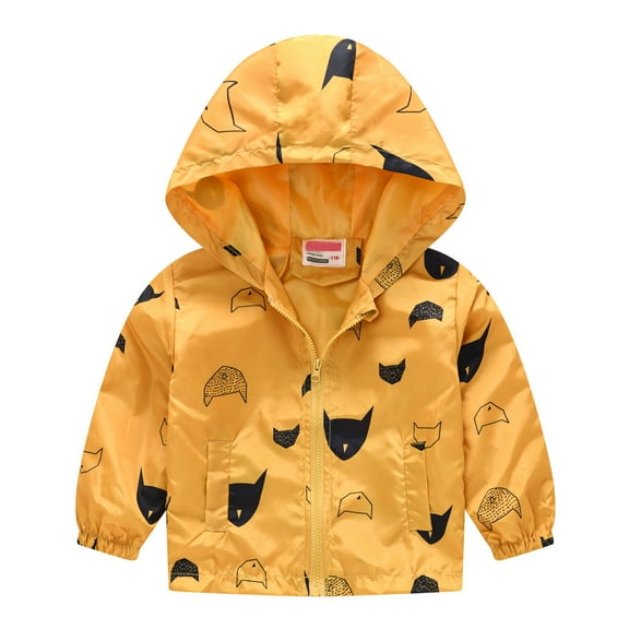 Odeerbi Toddler Winter Coat Kids Boys Girls Outerwear Jackets Baby Grils Autumn Print Jacket Zipper Hooded Windproof Coat Yellow