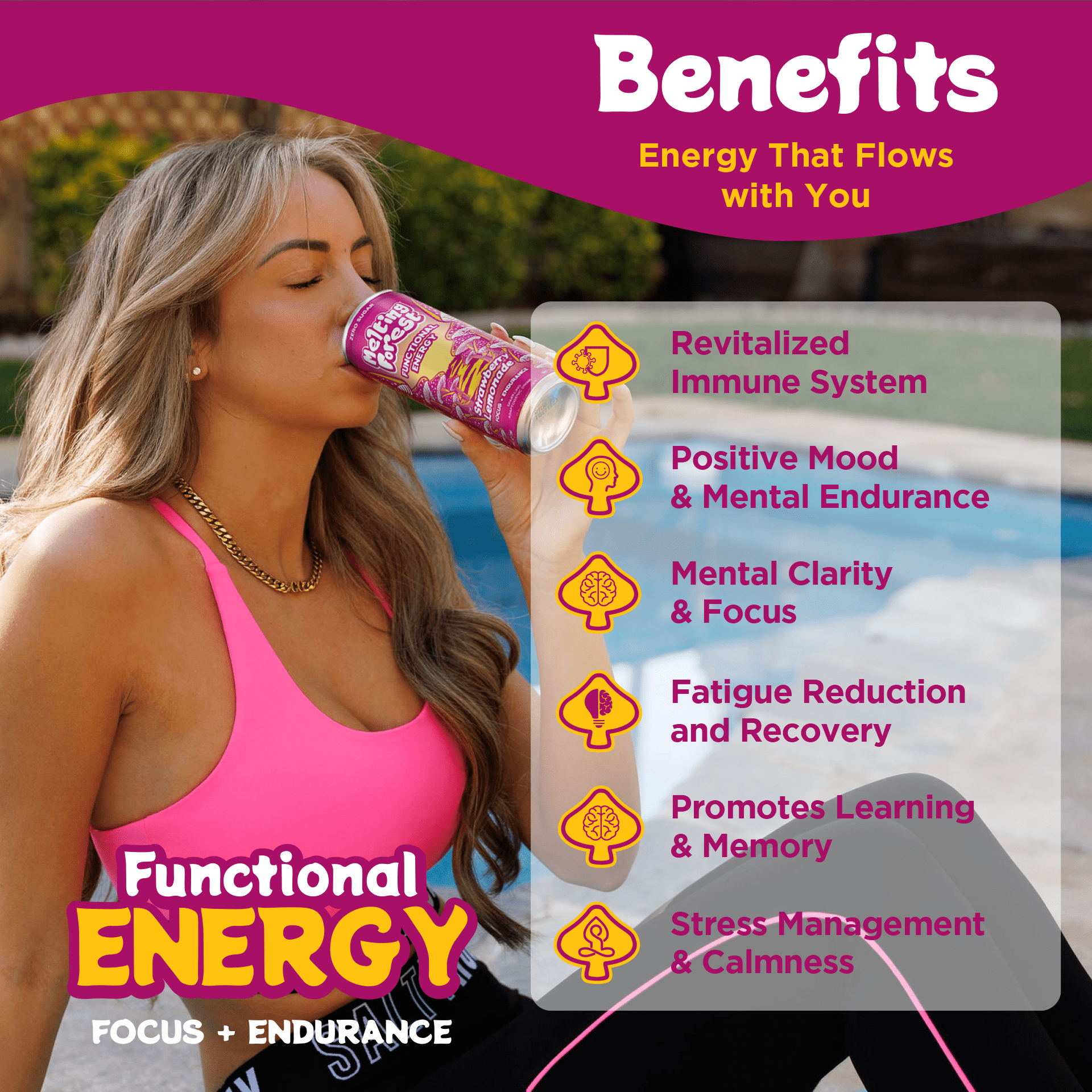 Melting Forest Strawberry Lemonade Mushroom Energy Drink, Lion's Mane, Cordyceps, 12 Pack