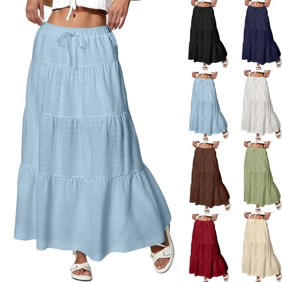 Maxi Skirts for Women Trendy Summer Tiered Midi Linen Skirt High Waisted A Line Long Flowy Skirt Gauze Beach Skirts,Light Blue S
