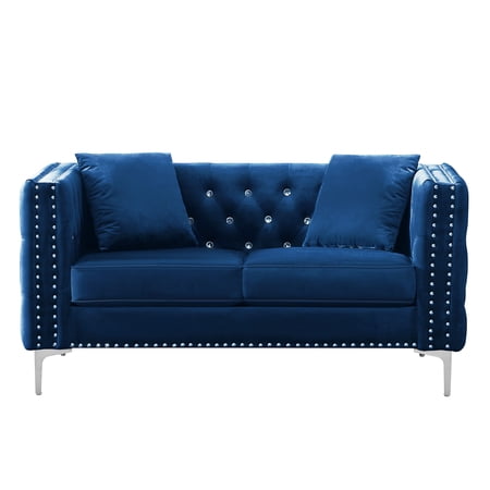Modern Jeweled Button Tufted Velvet Loveseat, Upholstered Sofa Couch with 2 Pillows Metal Legs for Living Room Bedroom Office