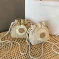 thumbnail image 1 of Fashion Women Knitting Sunflower Straw Shoulder Bag Drawstring Bucket Pouch, 1 of 8