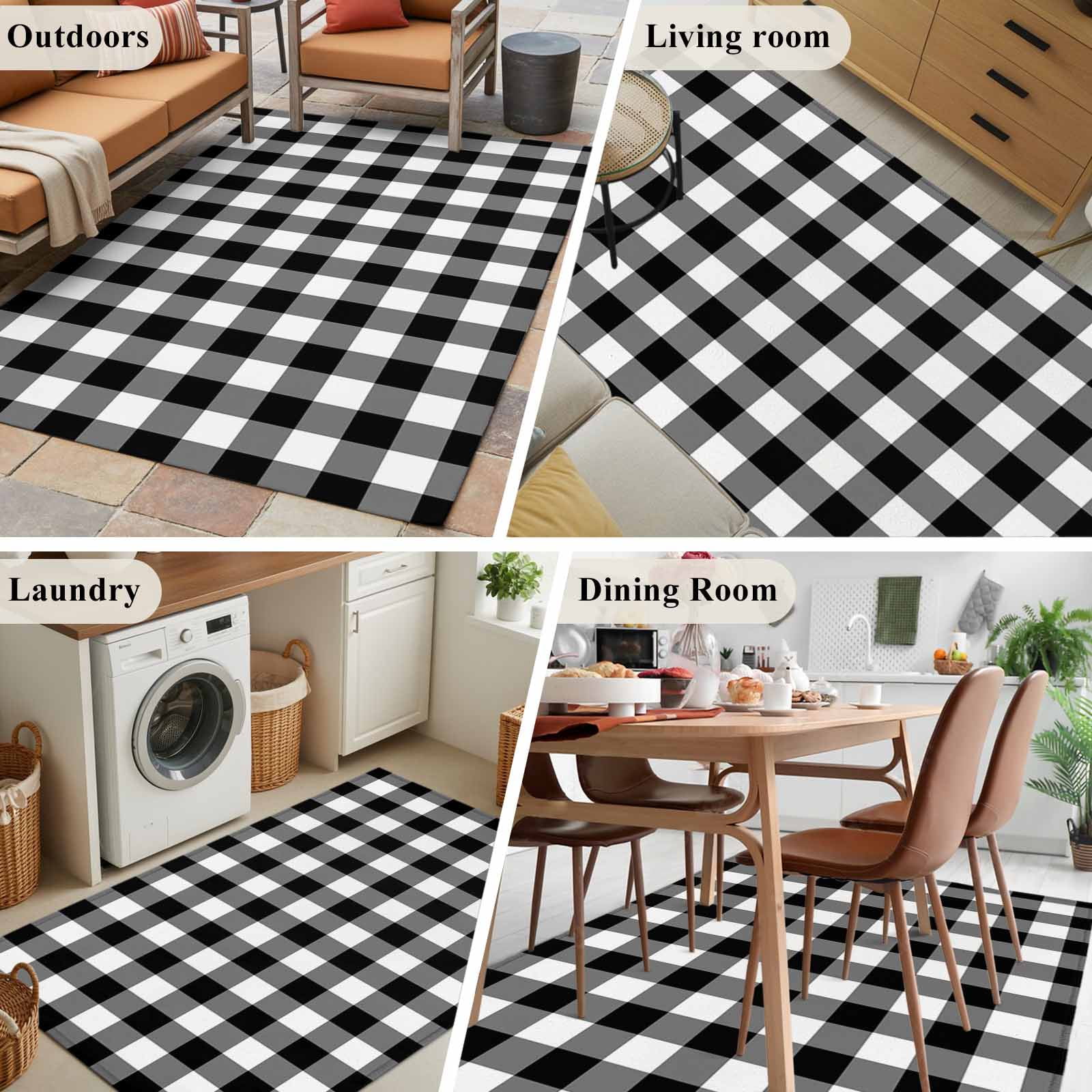 Area Rug 3'x5', Black White Plaid Non-slip Runner Rug Carpet for Bedside, Gradient Geometric Buffalo Checkered Washable Outdoor Indoor Area Rugs Mat for Entryway/Living Room/Bedroom/Kitchen/Office